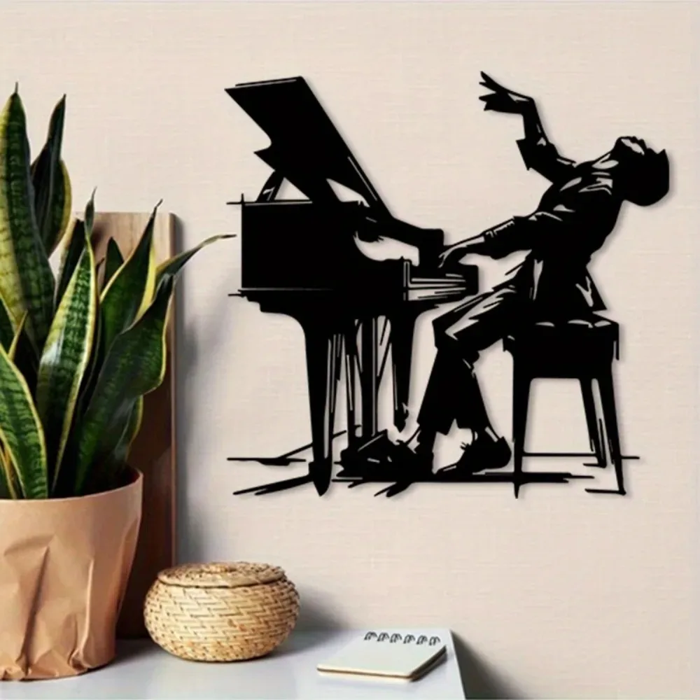 Vintage Jazz Piano Metal Wall Sculpture – Weatherproof Musician Statue, Dynamic Piano Art for Indoor/Outdoor Decor