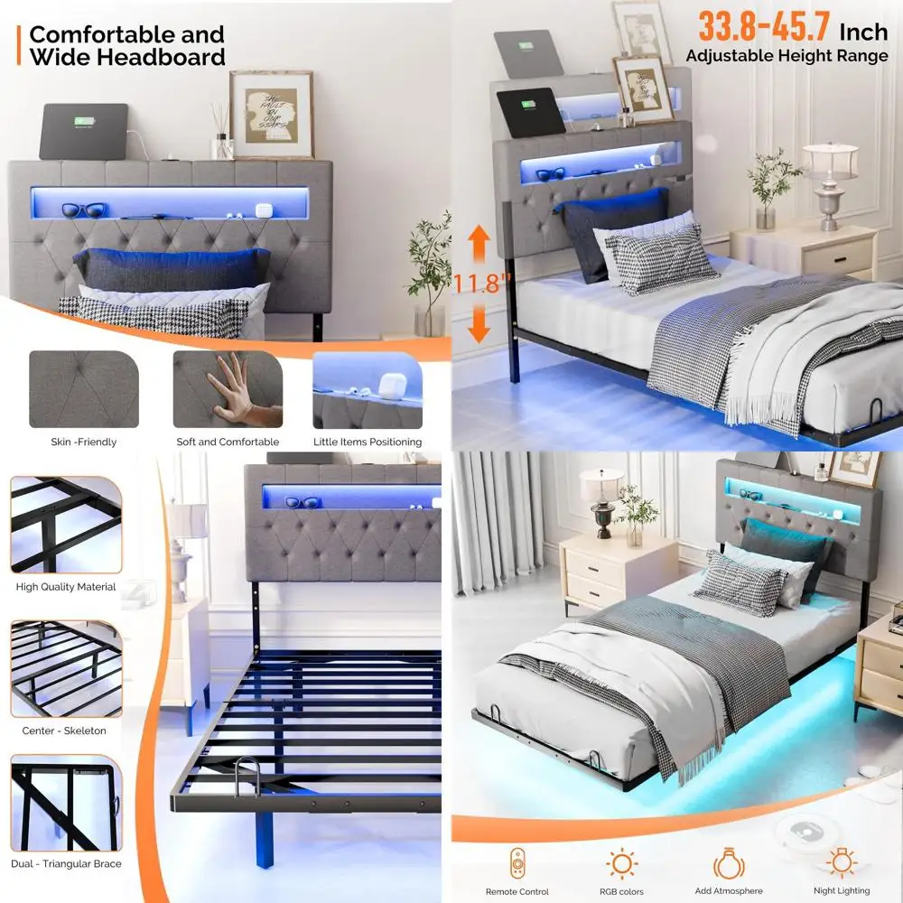 

Плавающая кровать Vingli Twin Size с мягким изголовьем, зарядной станцией, светодиодной подсветкой, эргономичной платформой и прочным металлическим каркасом