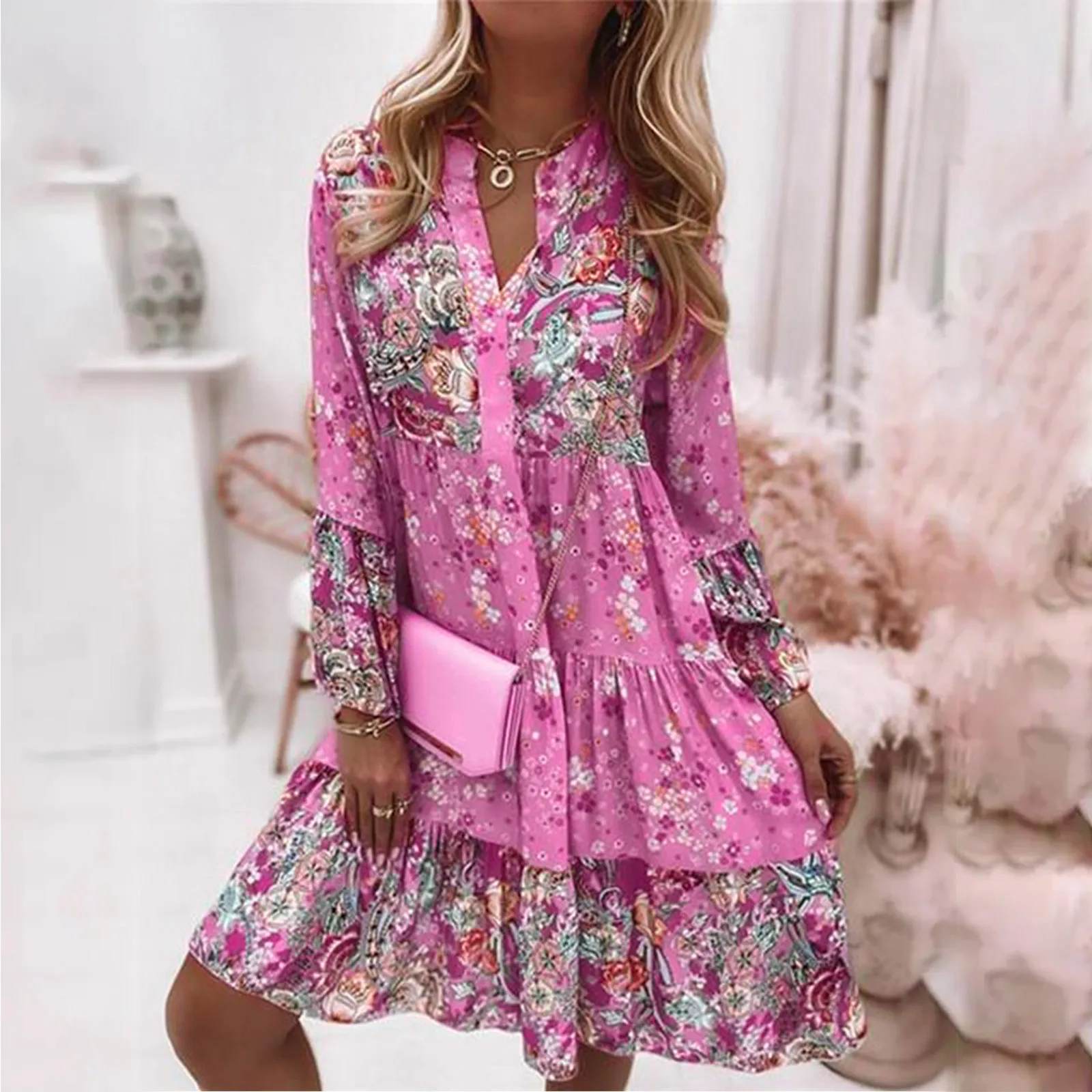 Womens Vintage Ethnic Style Printed Tassel Tie Neck Loose Fit Bohemian Tunic Dress Casual Summer Dresses For Older Women