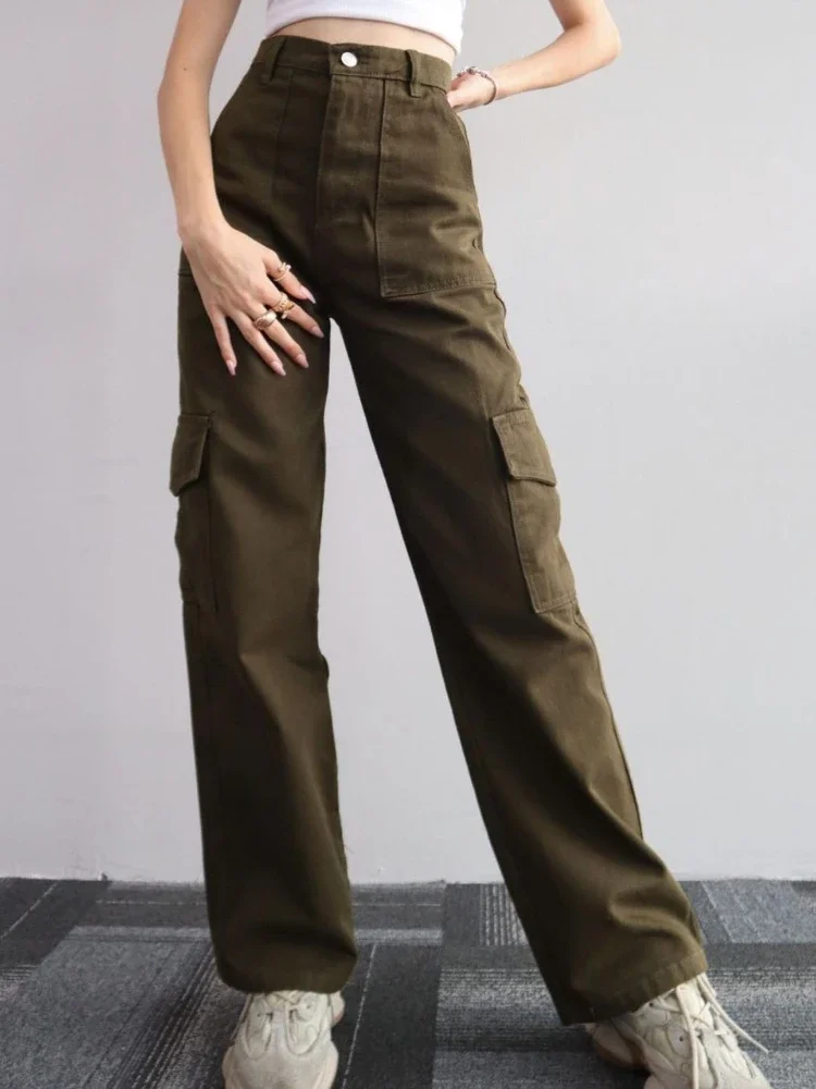 New Straight Cargo Pants Women High Waist Baggy Trousers Casual Wide Leg Slim Vintage Y2K Streetwear Pocket Fashion Casual Pants