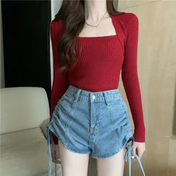 Women Cute Solid Sweater Black Blue Red T-Shirt Size S-Xl Long New Fashion Style Female Bottoming Blouses Full Sleeve Slim Tops