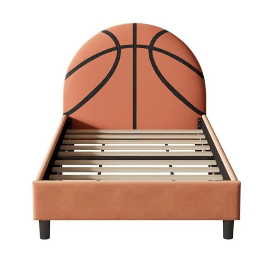 Twin Size Bed Frame, Sports Style Twin Beds for Boys, Velvet Upholstered Platform Bed with Basketball Headboard, No Box Spring