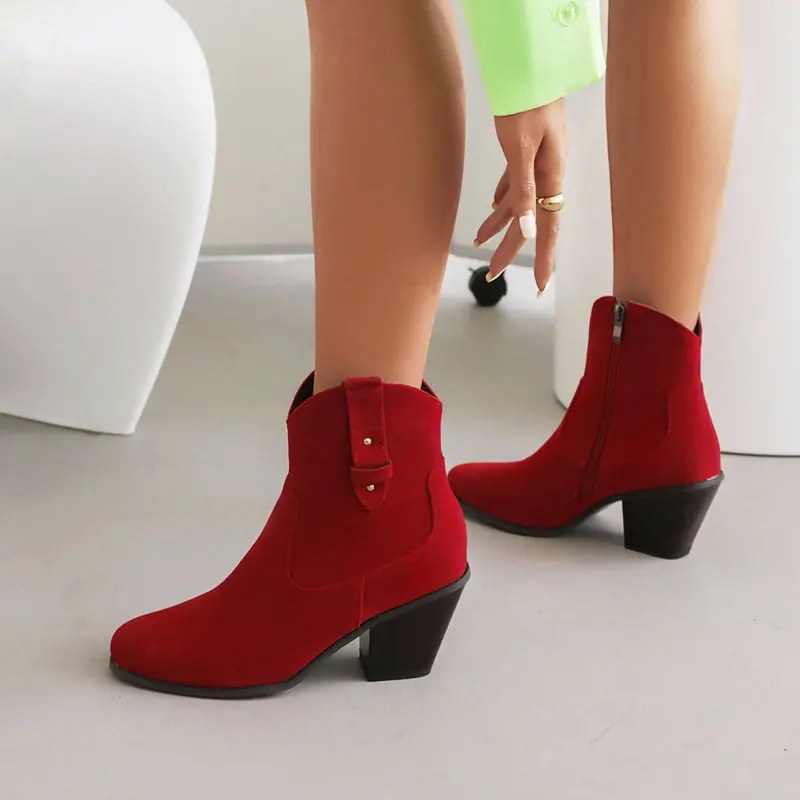 ASILETO Brand Female Ankle Boots Flock Wedge Chunky Heels 7.5cm Zipper Metal Casual Daily Women Bota Big Size 43 44