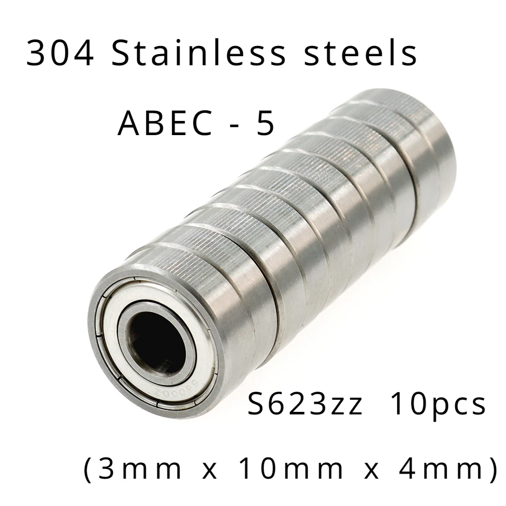 Veekaft High Performance 304 Stainless Steel ABEC-5 Miniature Deep Groove Ball Bearings - S623zz 3mmx10mmx4mm of 10pcs