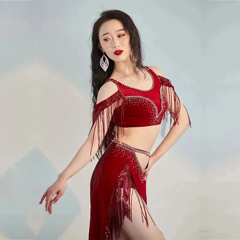 Belly Dance Professional Costumes Set Female Shining Performance Clothing Short Sleeves Top+long Skirt 2pcs Oriental Dance Wear