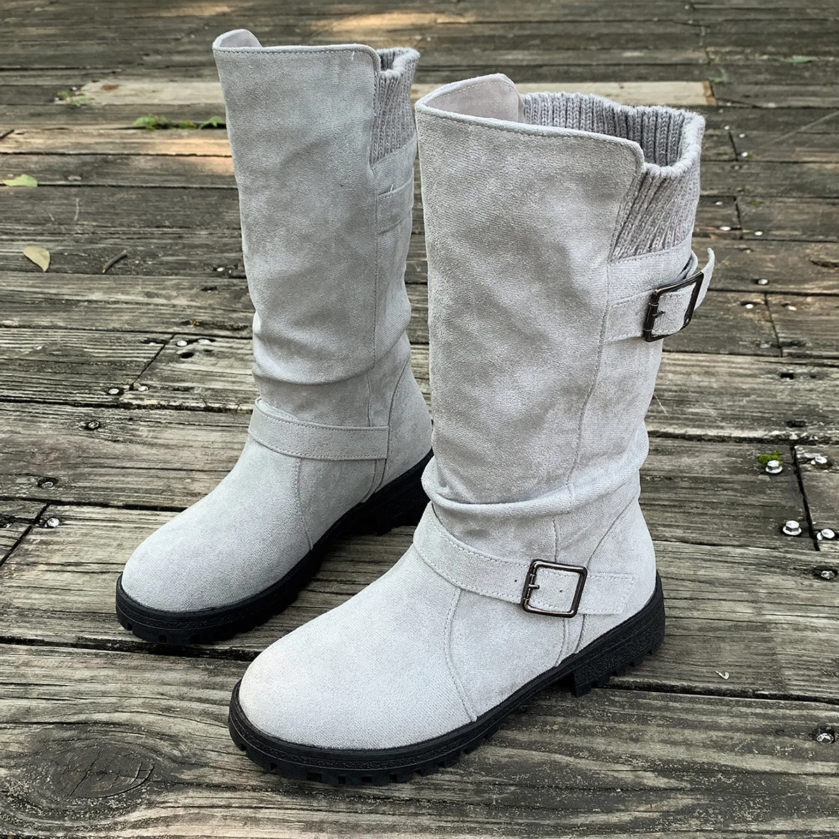 

New retro western cowboy boots for women, genuine leather round-toed, thick-heeled, belt-buckle long boots