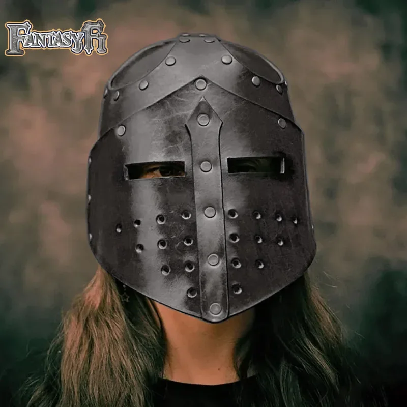 Disfraz de caballero templario Medieval, casco cruzado, guerrero pirata vikingo, máscara de cuero, sombrero, armadura de cabeza de soldado, accesorio LARP