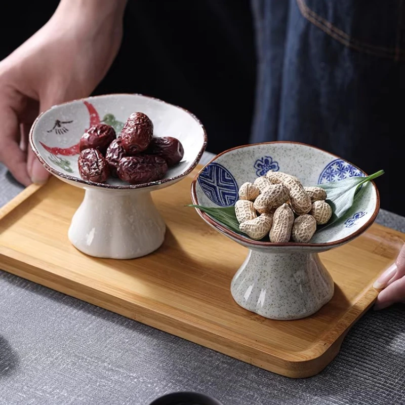 New Chinese Dessert Tall Plate Small Snack Refreshment Plate Retro Ceramic Plate Afternoon Tea Snack Household Goods