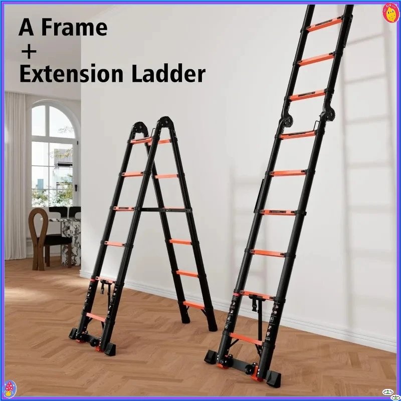 16.5 ft 8-Step Telescopic Ladder - A-Frame, 330 lb, Aluminum, Non-Slip, Retractable, Foldable, Heavy Duty, Telescoping
