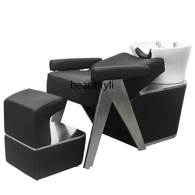 High-End Barber Shop Shampoo Chair Lying Half Flushing Bed Stainless Steel Ceramic Deep Basin Punch Bed