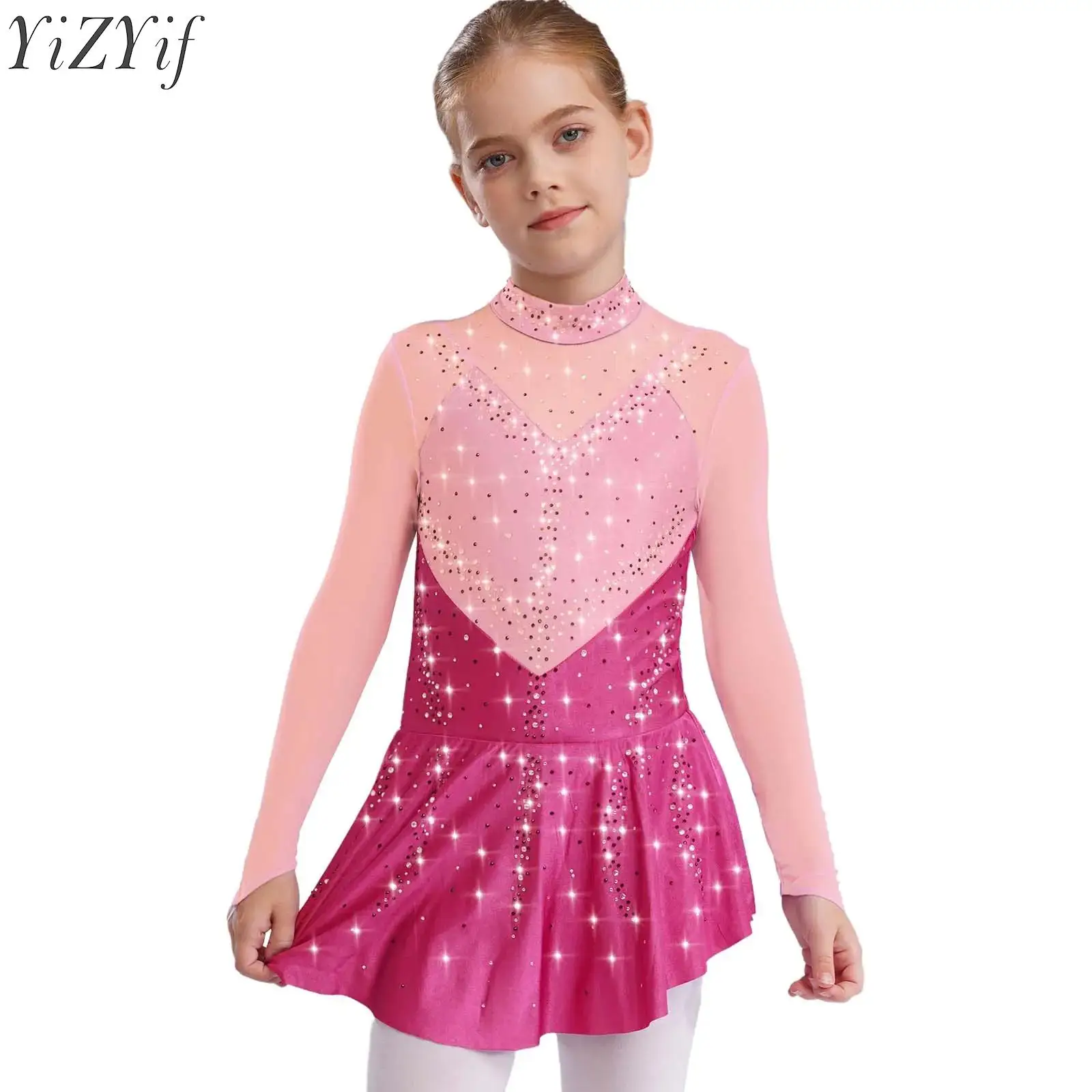 Kids Girls Figure Skating Dance Dress Ballet Lyrical Princess Costume Long Sleeve Color Block Mesh Rhinestones Leotard Dress