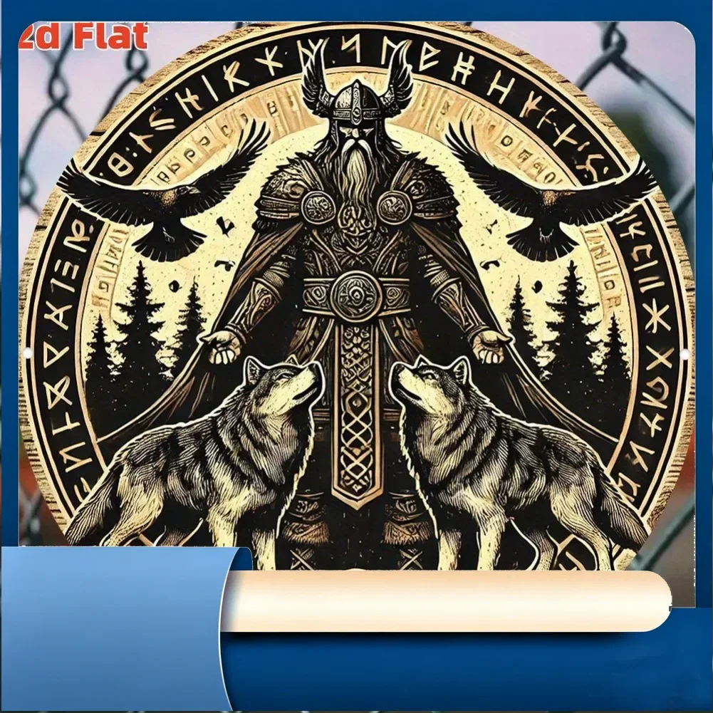 Vintage Odin Norse God With Wolves & Ravens Metal Wall Art, Round Retro Viking Runes Decorative Tin Sign, Rustic Mythology Th