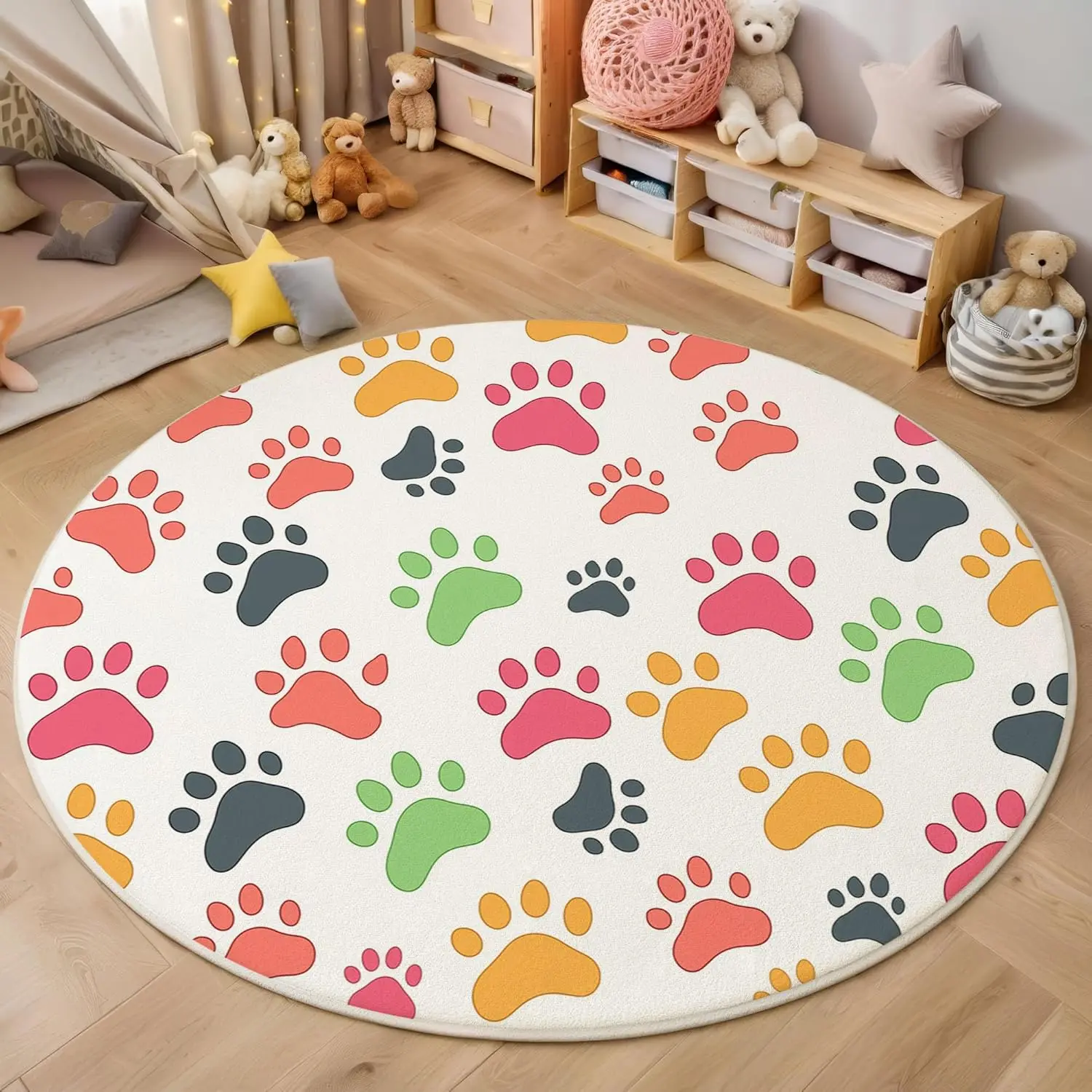 

Cartoon Style Round Rug Washable Bedroom Round Area Rugs for Entryway,Soft Living Room Circular Rugs,Colorful Dog Paw Print