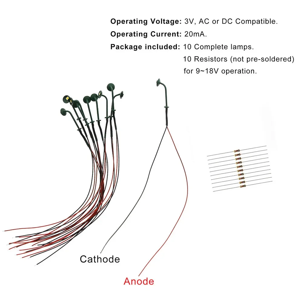 10pcs Model Railway HO Scale 1:87 Hanging Lamp Outdoor Wall Goose Neck Light LED Steel Column Model Lampposts Resistors Lamps