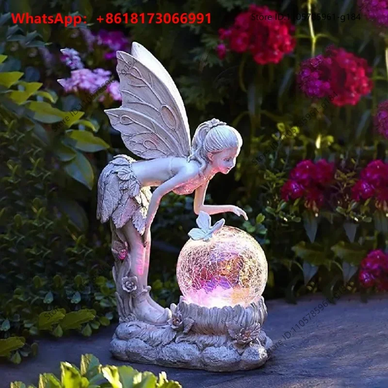 New Fairy Tale Flower Fairy Ornament Garden Crystal Ball Girl Statue Solar Light Decoration Resin Crafts