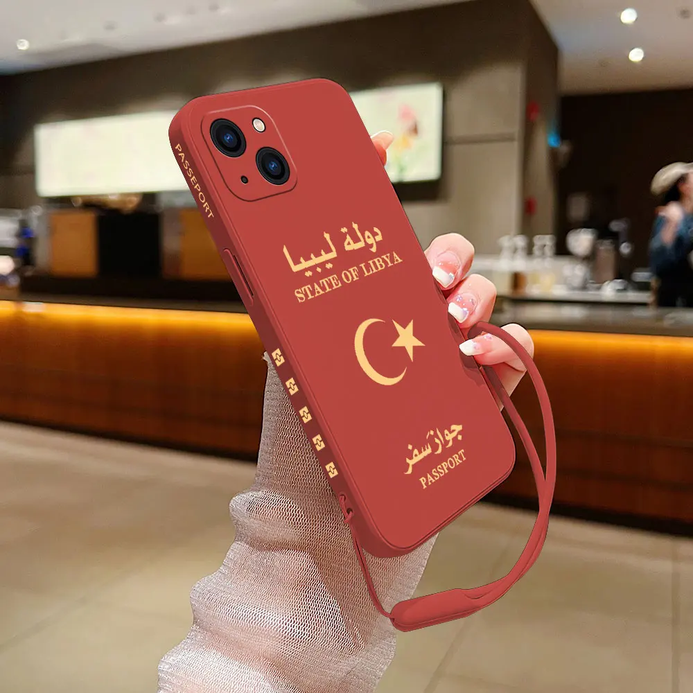 Libya Passport Phone Case For iPhone 15 14 13 12 11 Pro Max Mini X XR XSMAX 8 7 6S Plus Soft Silicone Cover With Hand Strap