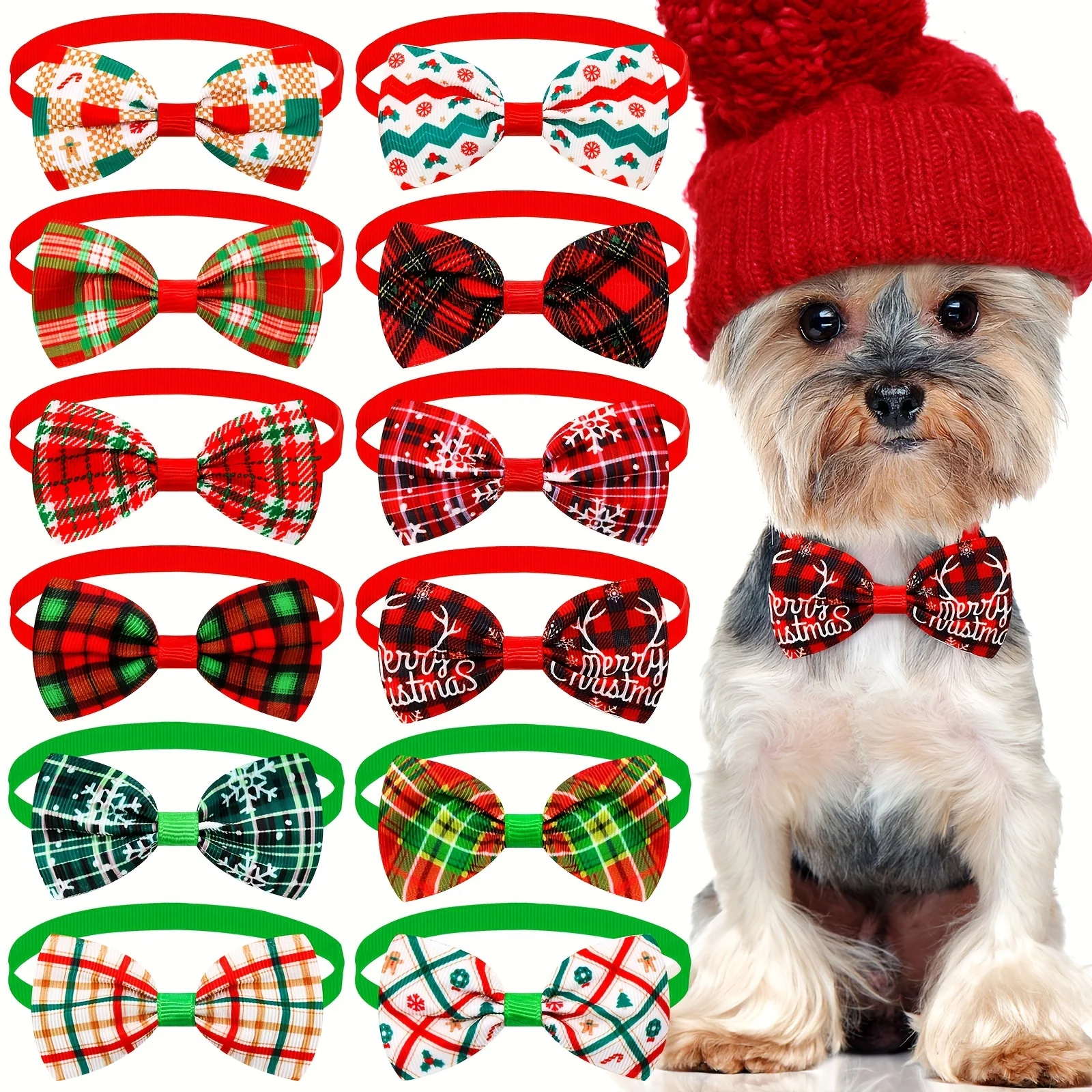 10PC Christmas Dog Collars Classical Plaid Dog Cat Bowties Adjustable Dog Bow Ties Pet Grooming Accessories For Small Large Dogs