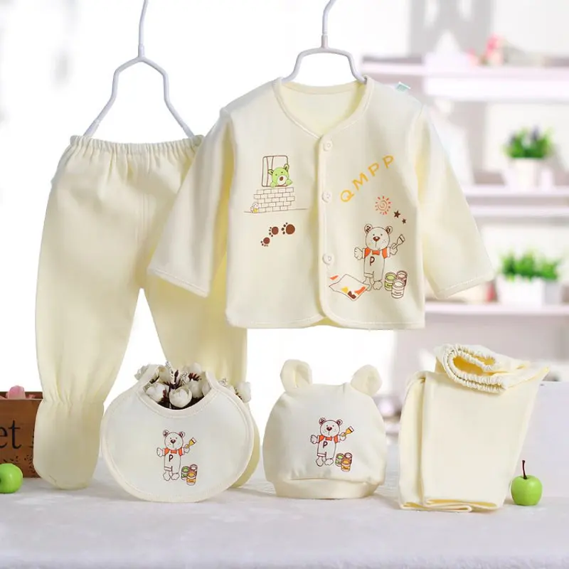 0-3 Months 5PCS Set Spring Fall Newborn Outfits Cute Cartoon Bear Baby Girls Boys Clothes Cotton Infant Clothing Sets