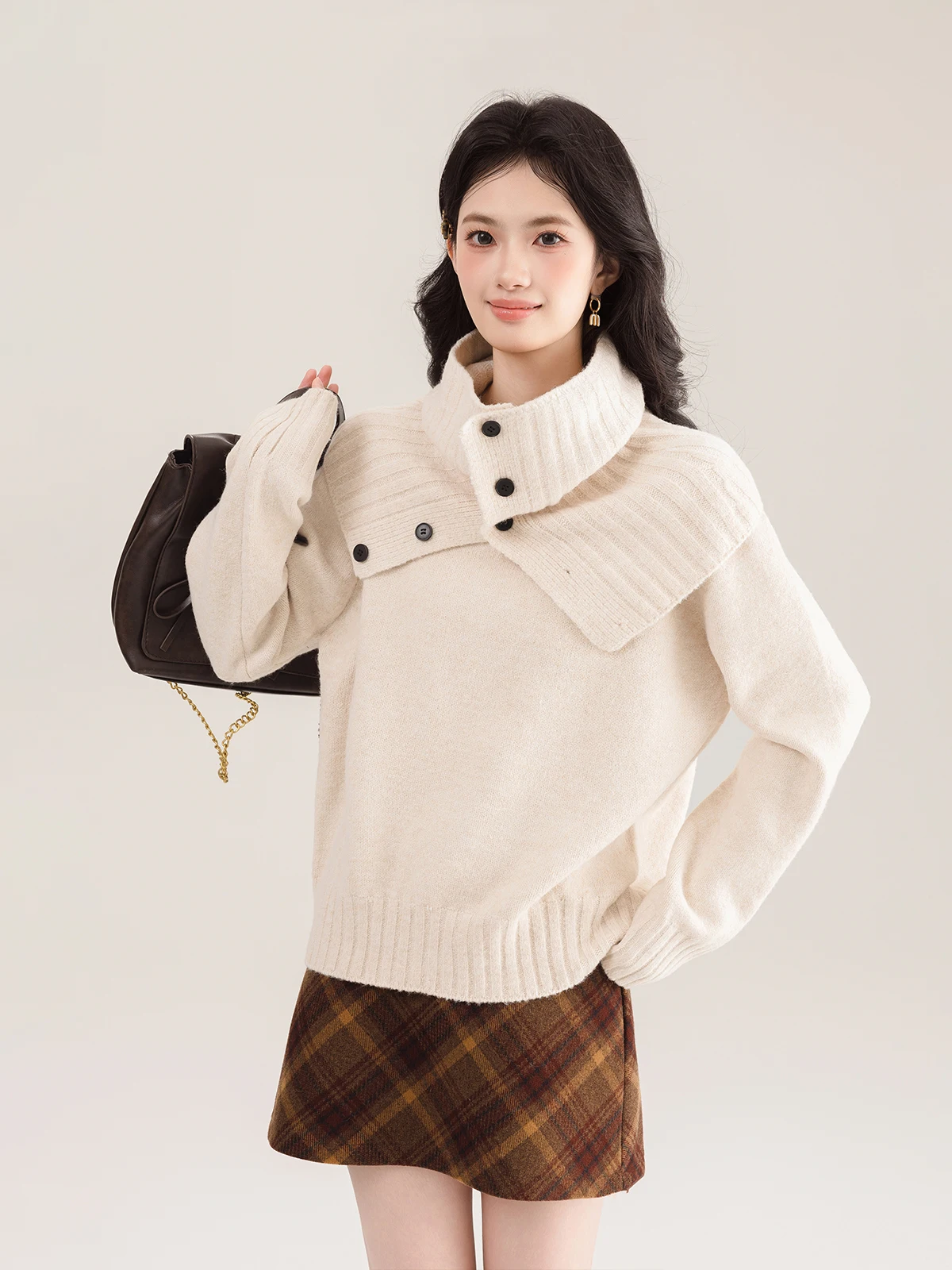 

New Simple round Ne Versatile Slim Fit Casual Knitted Sweater Women's Autumn Winter Faion Loose Top with Scarf