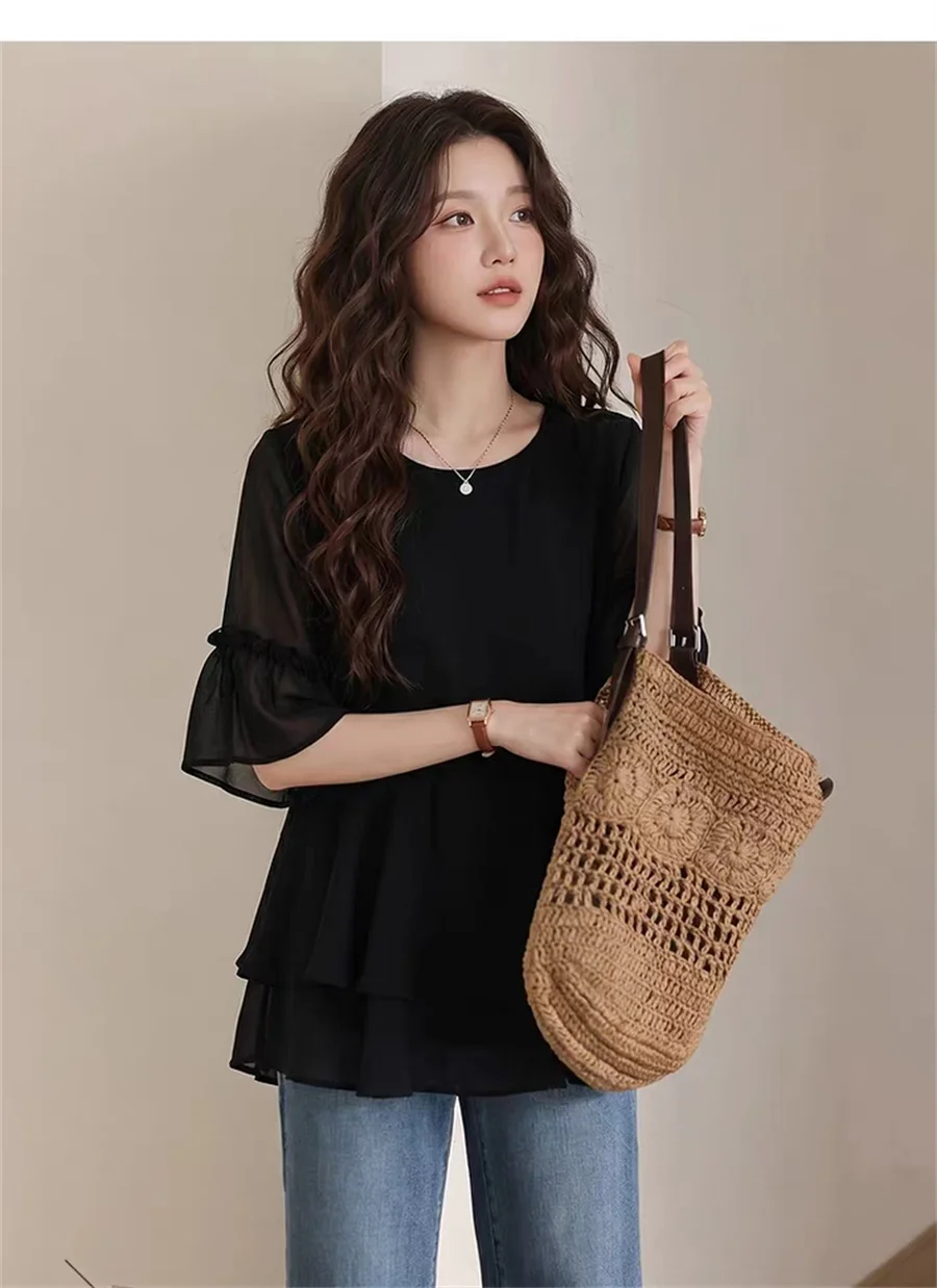 Blusa Elegante Plus Size Feminina de Manga Curta, Túnica Casual de Cor Sólida para o Verão, Uso no Escritório, Blusas para Férias