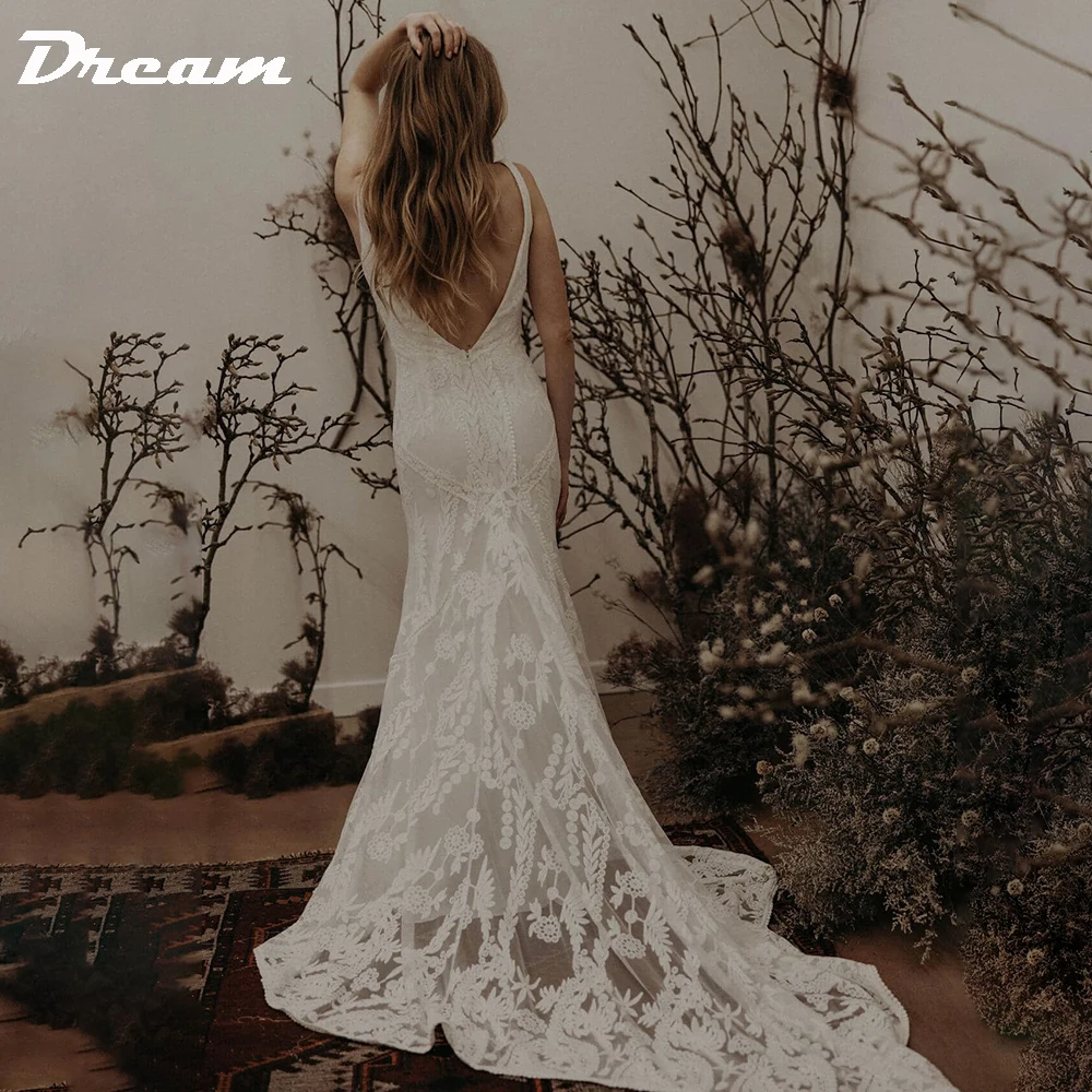 DREAM Customized Elegant Long V Neck Sleeveless Boho Mermaid Wedding Dress 2025 Lace Open Back Sweep Train Bridal Gown