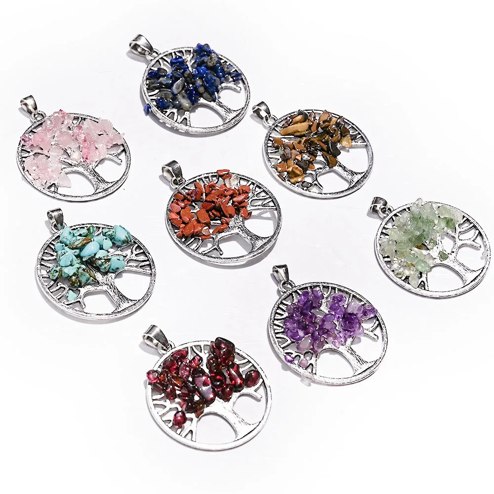 Natural Crystal Gravel Tree Pendant Pendant Alloy Tree of Life Powder Crystal Amethyst Tiger's Eye Head Round Necklace