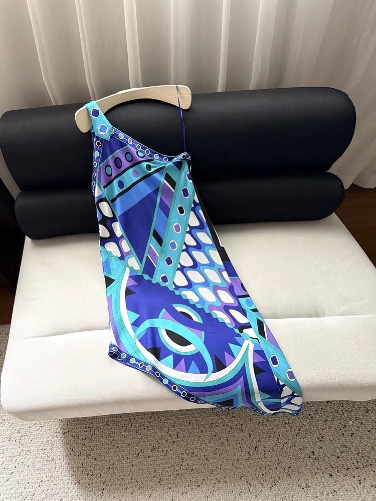 Spring Summer Fashion Vintage Geometric Print Asymmetrical Long Dress Women's Sexy Elegant Single-shoulder Crossbody Dresses