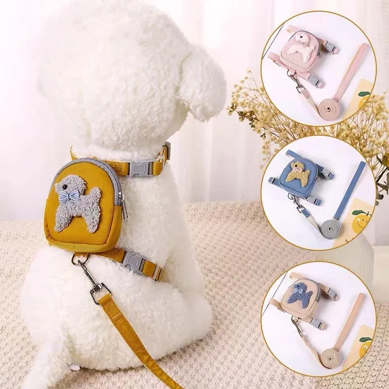 Pet Dog Harness with Bag Cute Animal Print Puppy Harness Vest Pet Cat Backpack Harness with Leash Set Chihuahua Dog Accessories