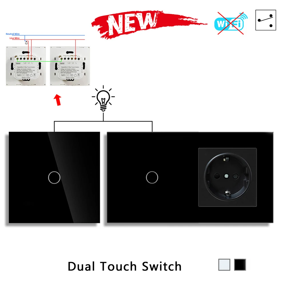 1gang 2way Double Touch Switch Wall Dual Switch With EU Socket Switches For Staircase Bedside Switches Bedroom 240V No Wifi