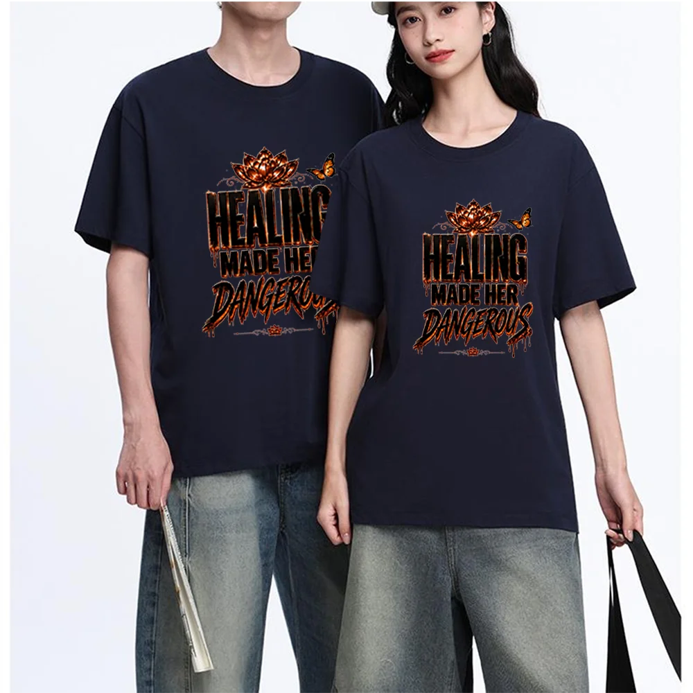 Healing Made Her Dangerous Graphic Print Lotus Butterfly Printed T Shirt Cotton S-XXL Personalized Custom T Shirt Casual Short S