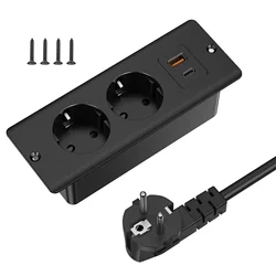 HITRENDS EU desktop built-in power strip 110~250V 2 AC power sockets 2 USB 1 Type-C desk power socket with 2m cable extension