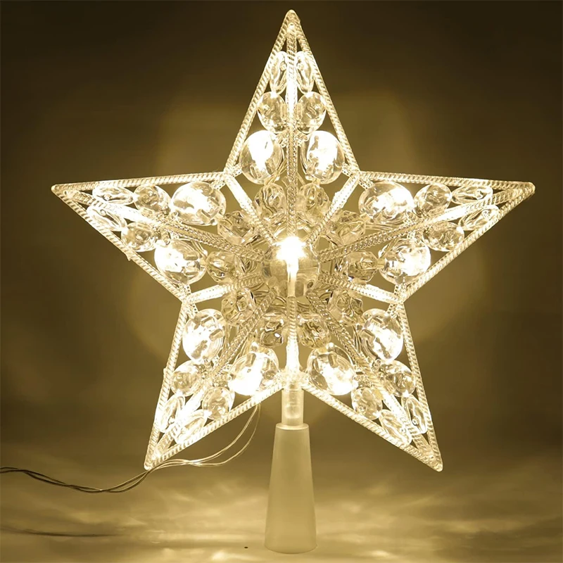 Glowing Christmas 15cm Tree Topper Xmas Tree Transparent Five-pointed Star Ornament Star Topper with LED Light for Home Decor