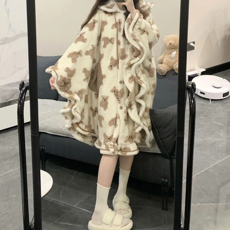 Girl Cute Bear Cape Coral Velvet Pajamas Women Winter Warm Thickened Soft Bathrobe Medium-length Robe Sleepwear Kawaii Homewear