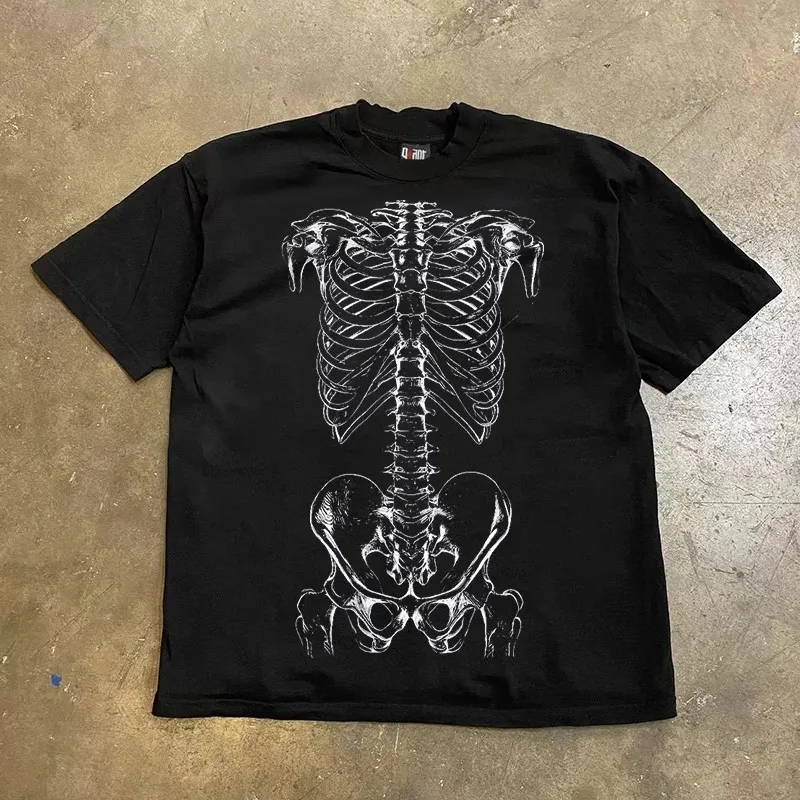 

Bone sketch print, short-sleeved loose cotton crew neck women's T-shirt casual versatile top
