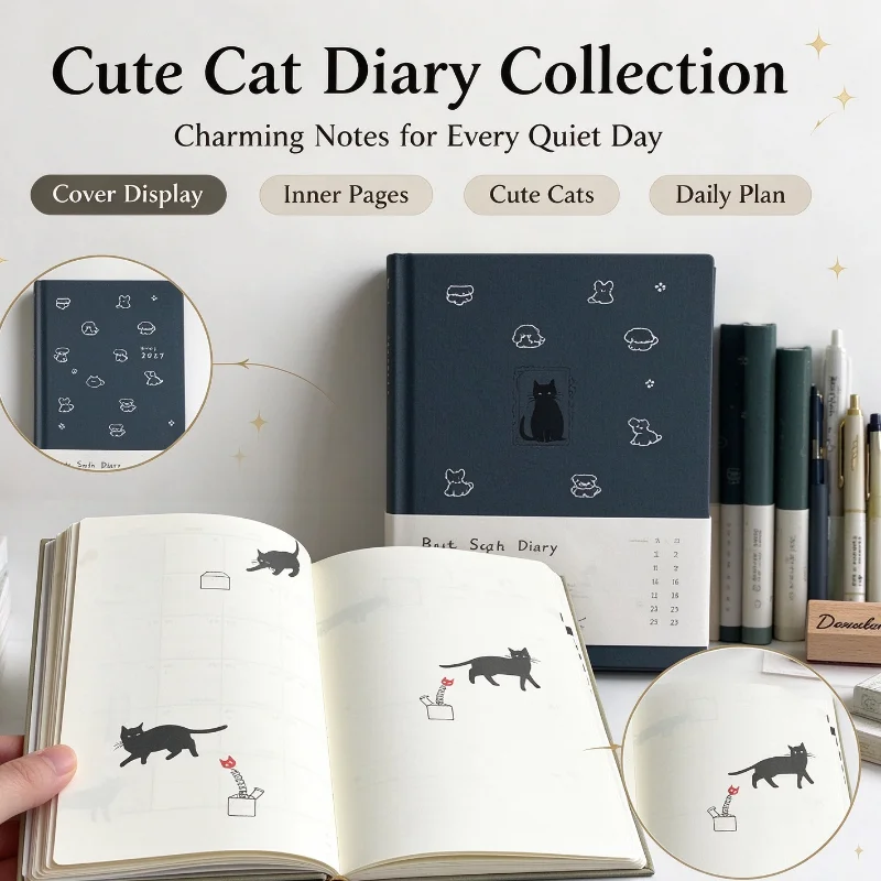 2027 Agenda Book Hardcover Cute Cat Dog Illustration Daily Planner New Notebook Girls Handbook To Do List Gift for School Office