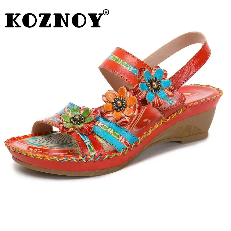 Koznoy 3.5cm Summer Sandals Sewing Genuine Leather Appliques Flower Platform Comfy Women Fashion Ladies Hook Ethnic Flats Shoes