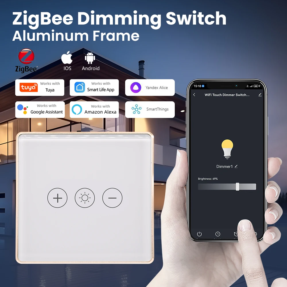 

ZigBee затемняющий переключатель, золотая алюминиевая рама ЕС, 2,5D, таймер Arc Edge, расписание, настенный выключатель света с нейтральным проводом, стекло Tuya