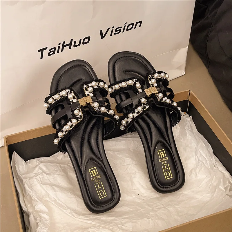 

Summer Women Fairy-style Flat Slippers Fashion Trend Pearl Decoration Female Casual Comfortable Slip on Beach Vacation Slides