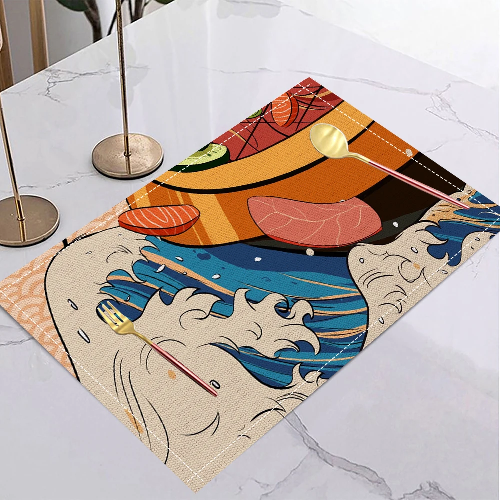 Japanese Ukiyo-e Style Linen Placemat Non Slip Table Mats Rectangular Non Slip Dining Table for Kitchen Home Decor Essentials