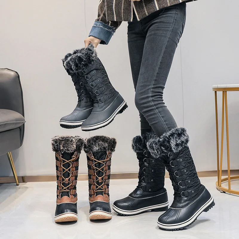 Large size high top leg protection with flat bottom and thick fur warm snow boots for tourism thickened waterproof anti sliP