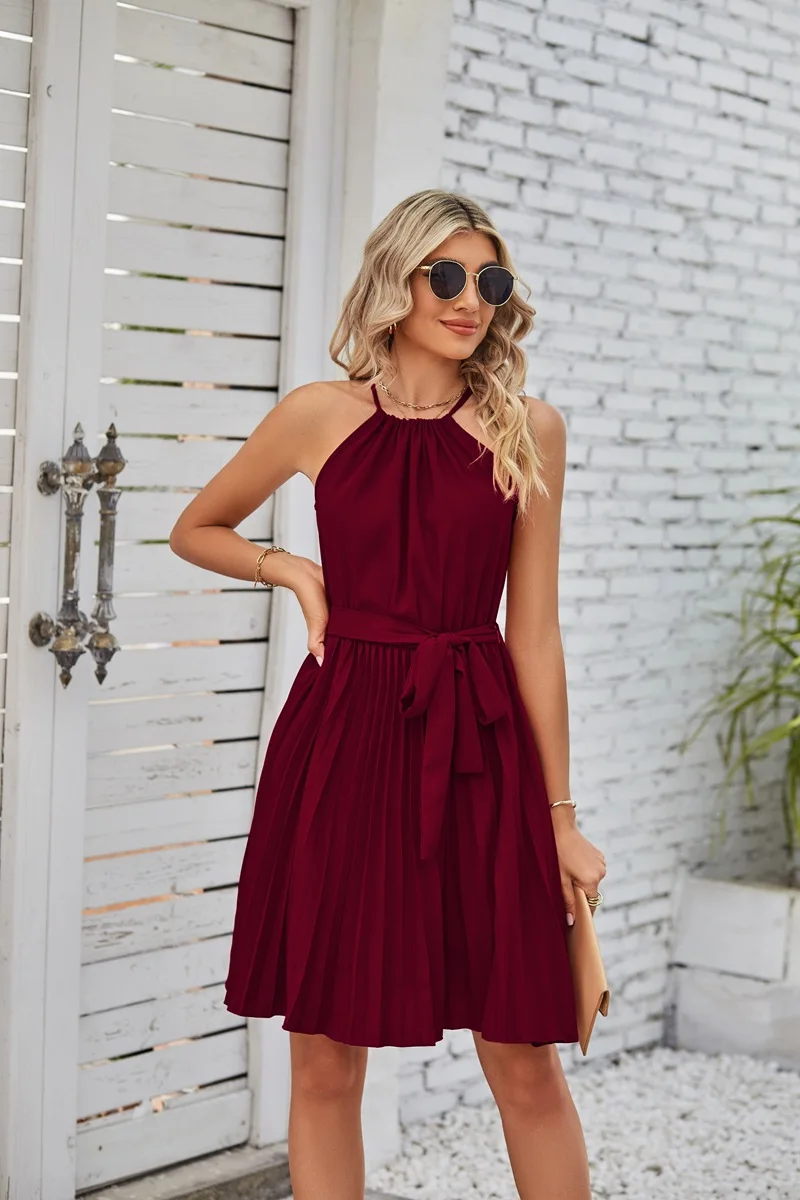 2023 Summer Short Pleated Sun Dress Women Halter Dress Ladies Sleeveless Lace up A Line Party Wrap Dress For Women