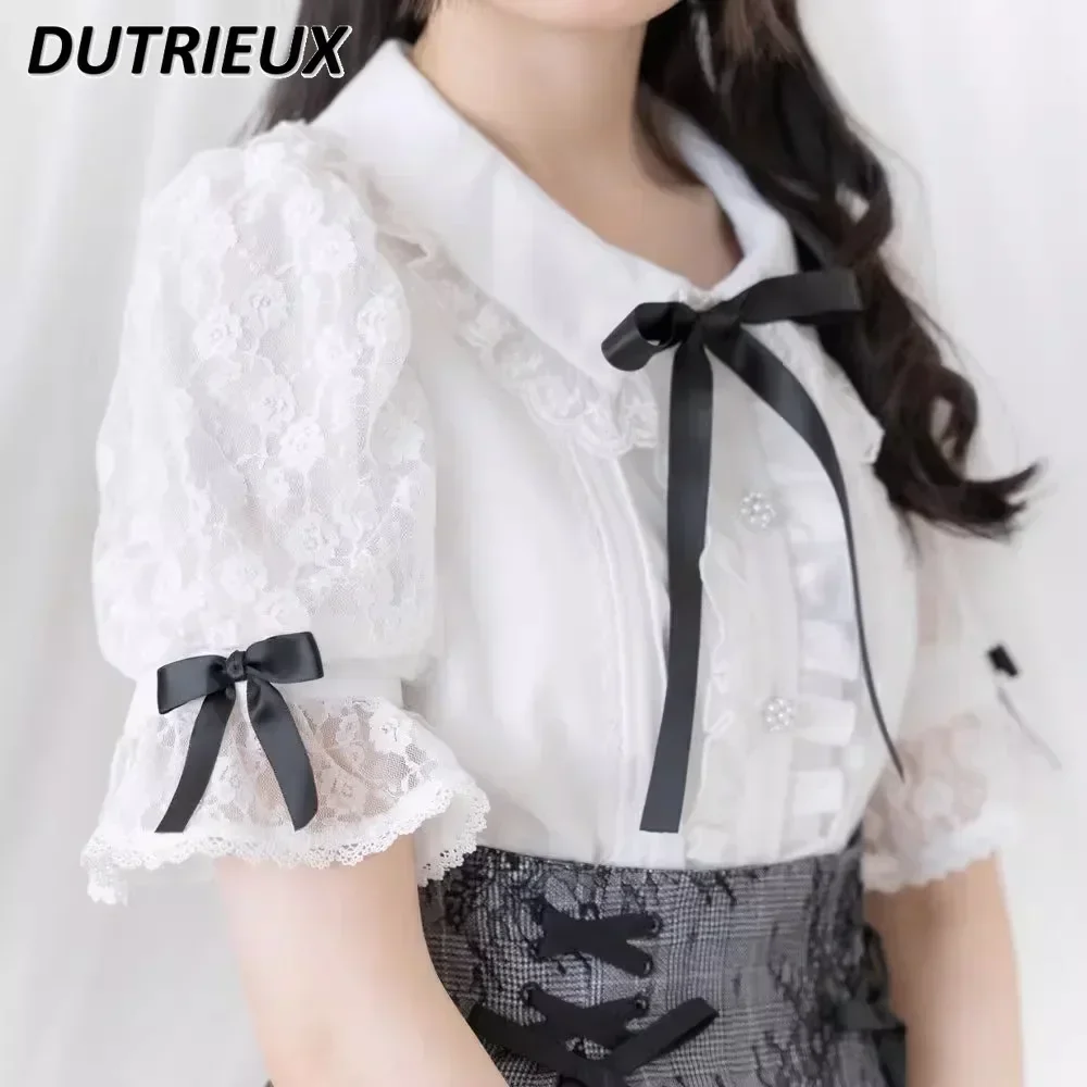 Japanese Sweet Cute Flared Short Sleeve Ribbon Bow Lace Chiffon Blouse Lolita Top Ruffled Black and White Shirt Camisa Feminina