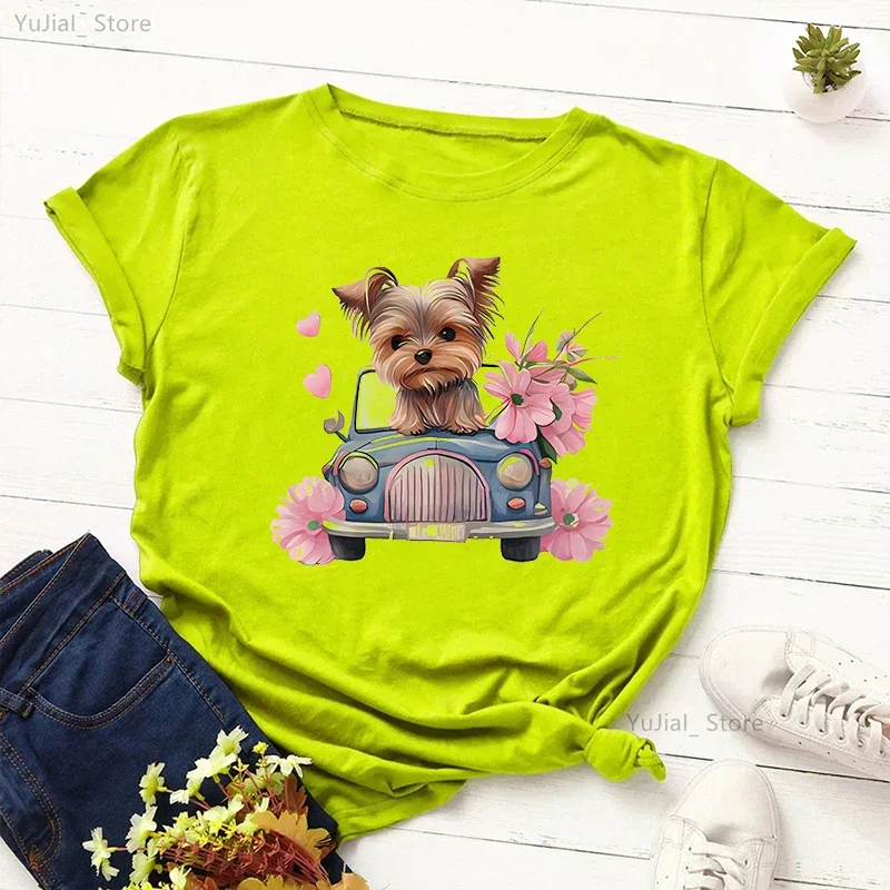 

Cute Yorkie Love Car Print T Shirt Girls Pink Flowers Dog Lover Tshirt Women Gray/Green/Yellow/Pink/Black/White T-Shirt Female