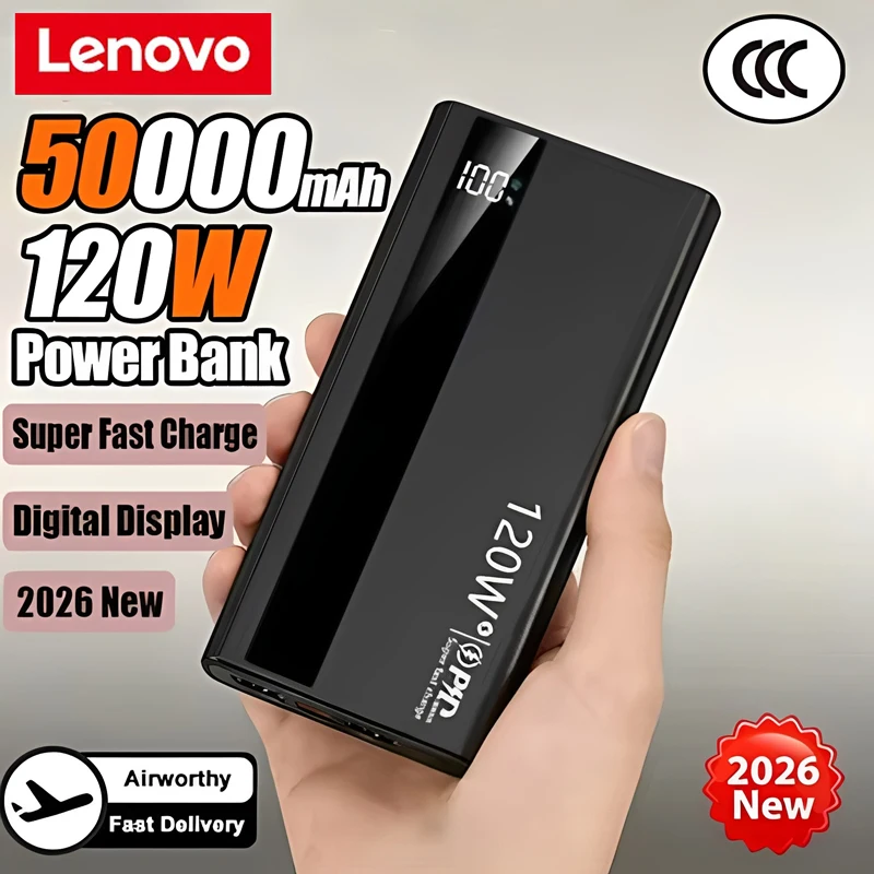 

Портативное зарядное устройство Lenovo 50000 мАч, 120 Вт, сверхбыстрая зарядка, сверхбольшая емкость, светодиодный цифровой дисплей для IPhone Xiaomi