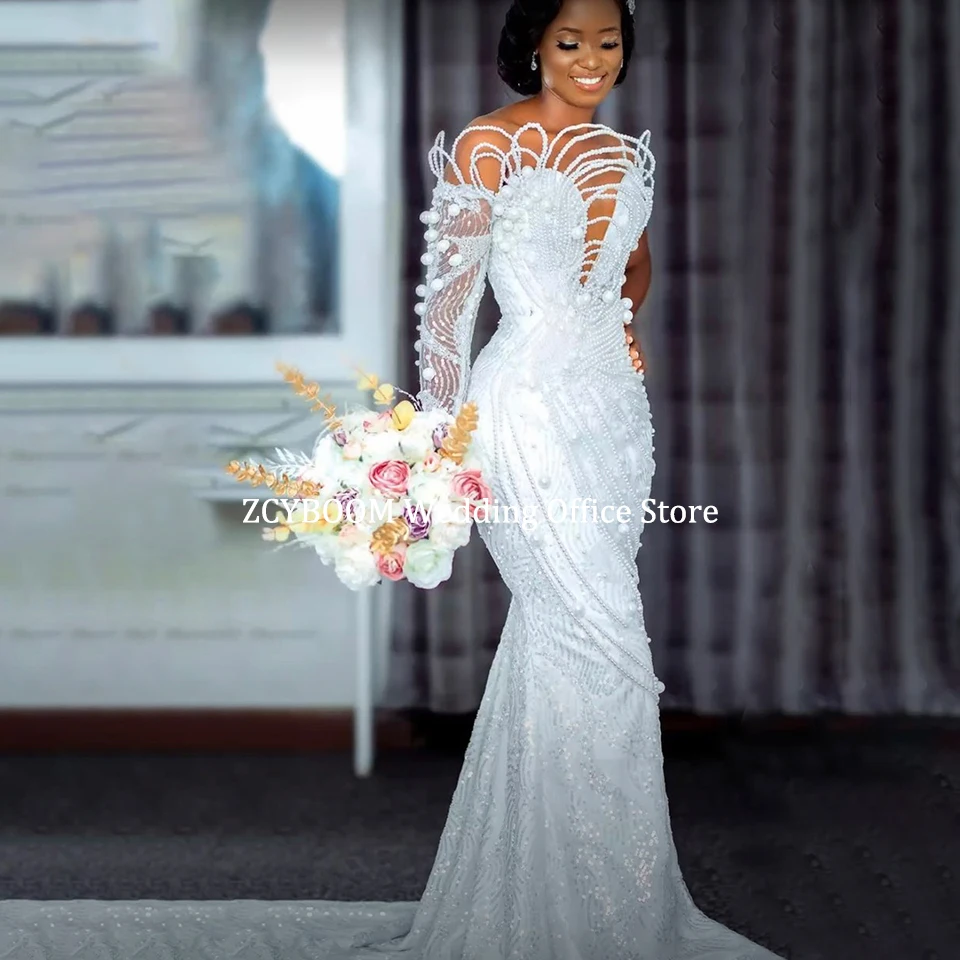 Luksusowe białe suknie ślubne 2 w 1 w stylu syreny z odpinanym trenem, zdobione perłami i koralikami, satynowe suknie ślubne z długimi rękawami dla kobiet, kolekcja 2025.