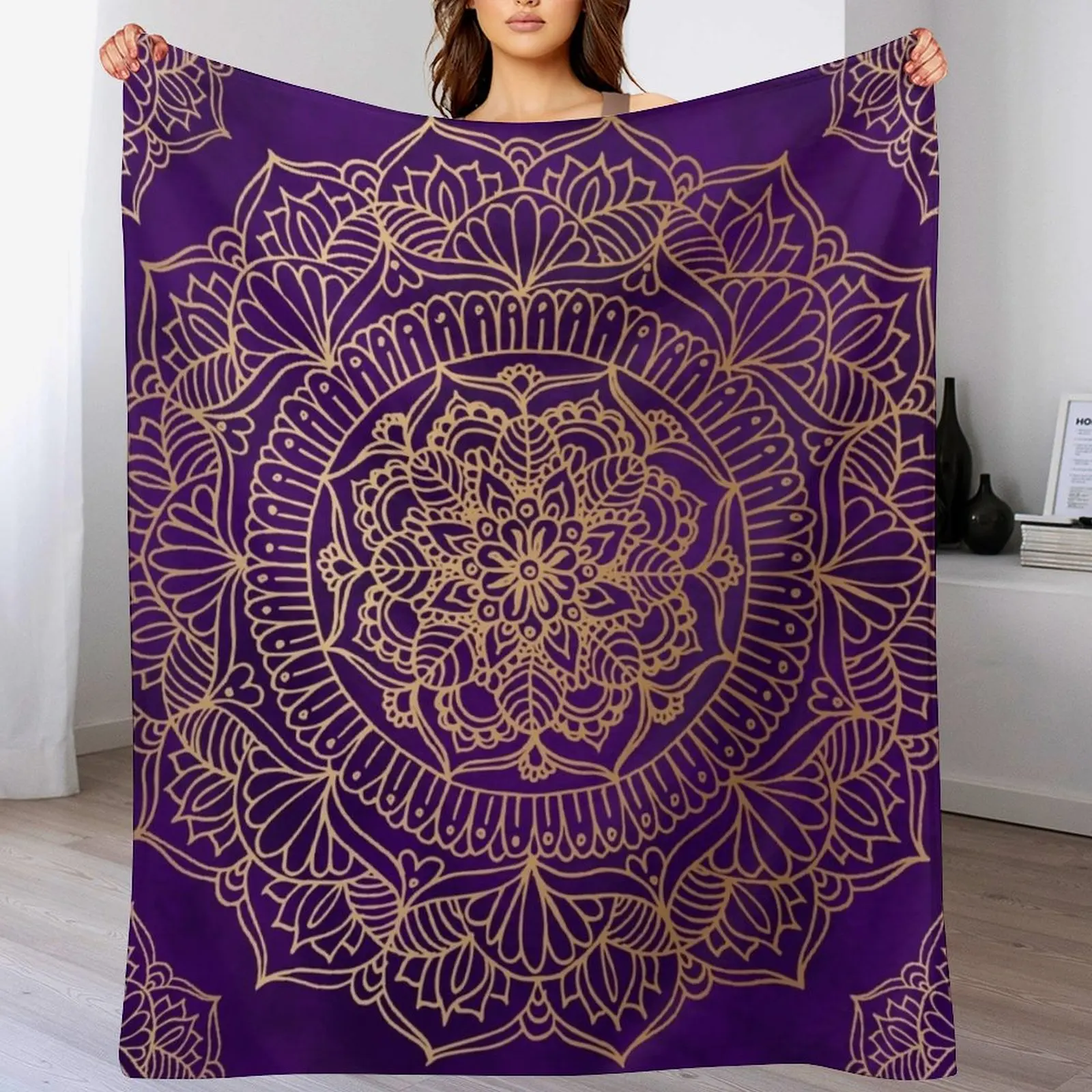 

Royal Purple and Gold Mandala Throw Blanket Reusable Durable Soft Blanket for All Seasons