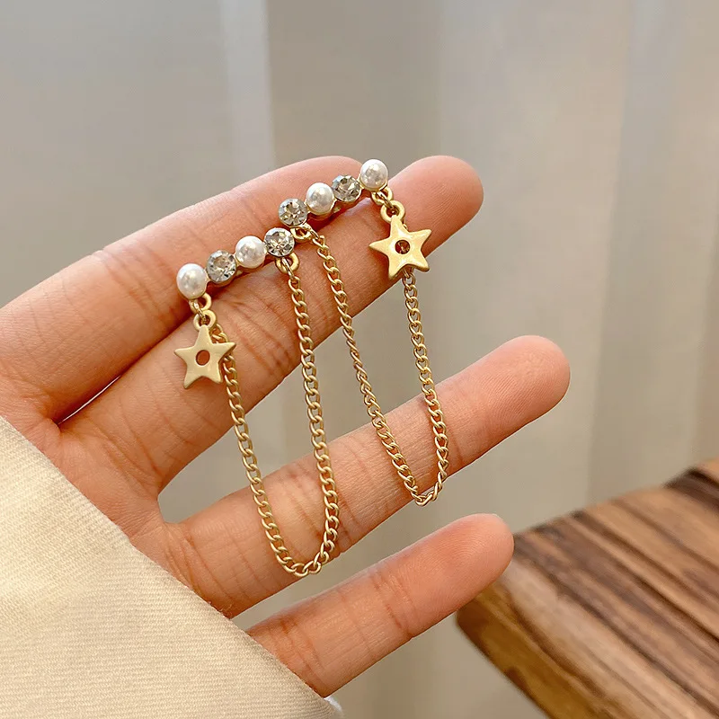 Long Chain Star Tassel Dangle Earrings for Women Vintage Silver Color Pearl Crystal Charms Drop Earrings Party Statement Jewelry