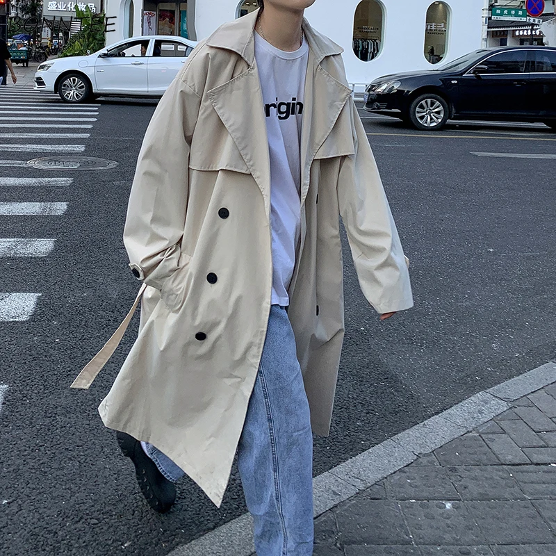 

Тренч-карго для мужчин, осенняя корейская модная однотонная верхняя одежда, ветровка в стиле Харадзюку, мешковатая одежда, модная двубортная универсальная одежда