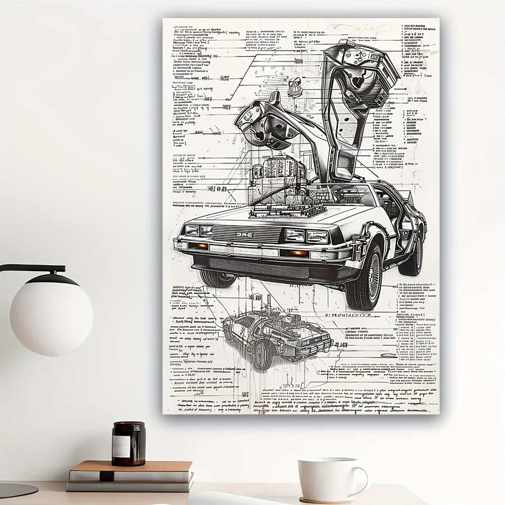 DeLorean Time Machine Blueprint Poster 20x30 Inch 2D Iron Sheet Painting Retro Wall Art Living Room Office Decoration