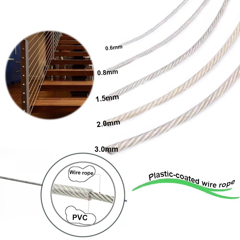 5/10m 7*7plastic-coated stainless steel wire rope Rubberized rope balcony grape trellis rope 0.6mm/0.8mm/1mm/1.2mm/1.5mm/2mm/3mm